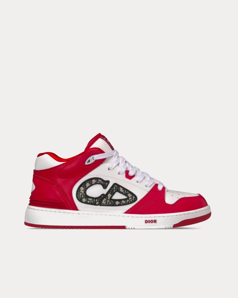 Baskets mi-hautes Dior B57 en cuir de veau lisse avec jacquard Dior Oblique rouge/blanc