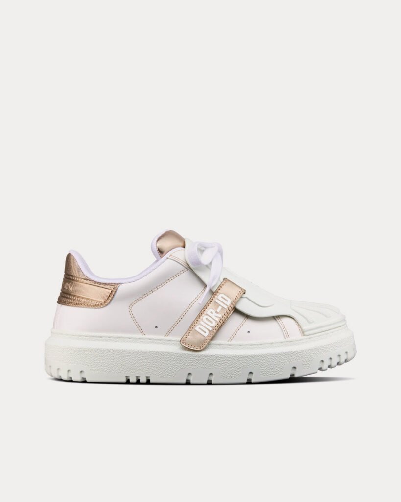 Baskets basses Dior-ID en cuir de veau blanc et laminé doré