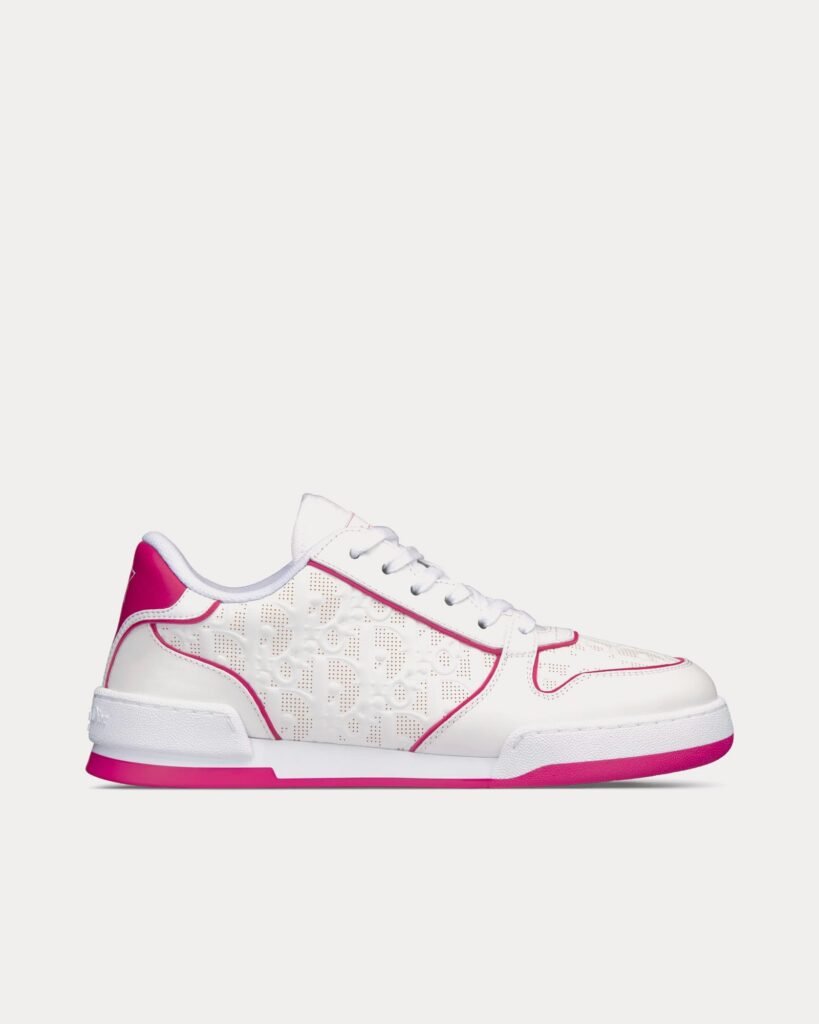 Baskets basses Dior Dior One blanches et fuchsia en cuir de veau perforé Dior Oblique