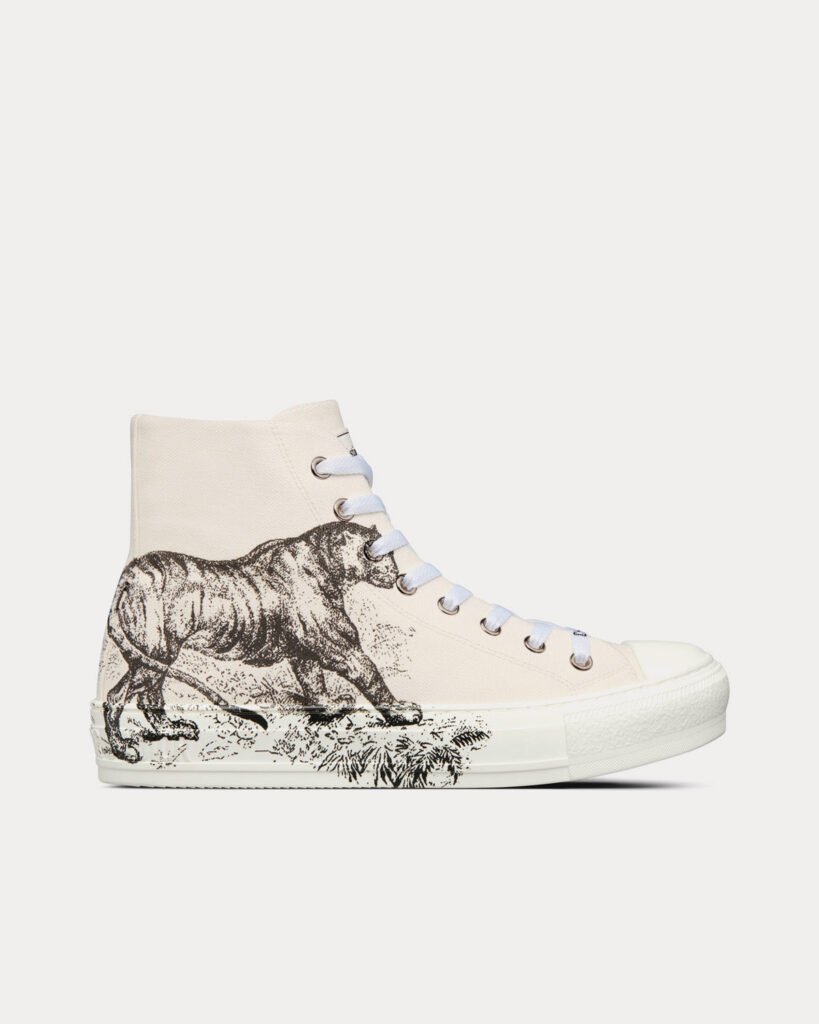 Baskets montantes Dior Walk'n'Dior en toile de coton blanche avec imprimé tigre noir en toile de Jouy