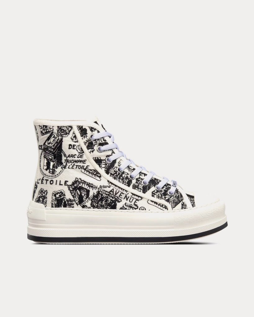 Baskets montantes Dior Walk'n'Dior Platform en coton blanc et noir brodées du motif Plan de Paris