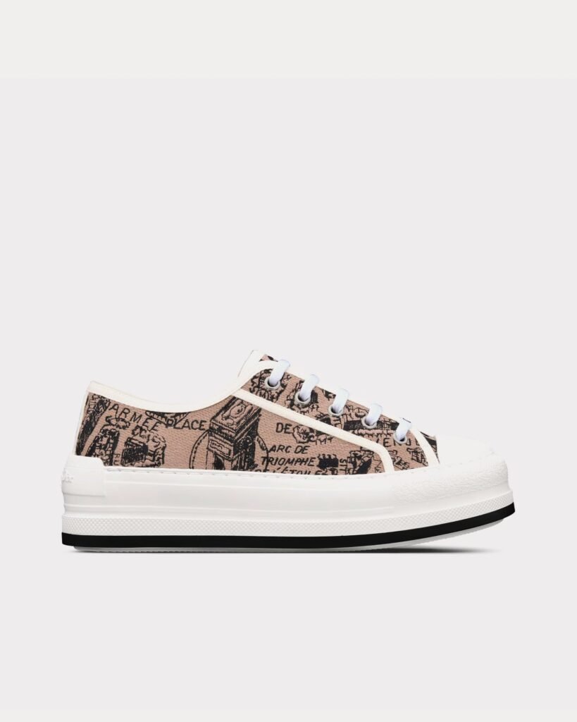 Baskets basses Dior Walk'n'Dior Platform en coton beige et noir brodées du motif Plan de Paris