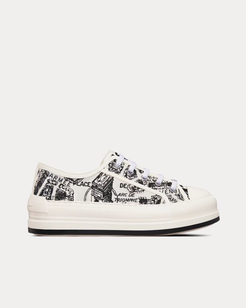 Baskets basses Dior Walk'n'Dior Platform en coton blanc et noir brodées du motif Plan de Paris