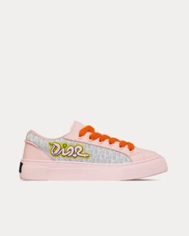 Baskets basses Dior x Kaws B33 en cuir de veau et toile Dior Oblique rose/gris/blanc
