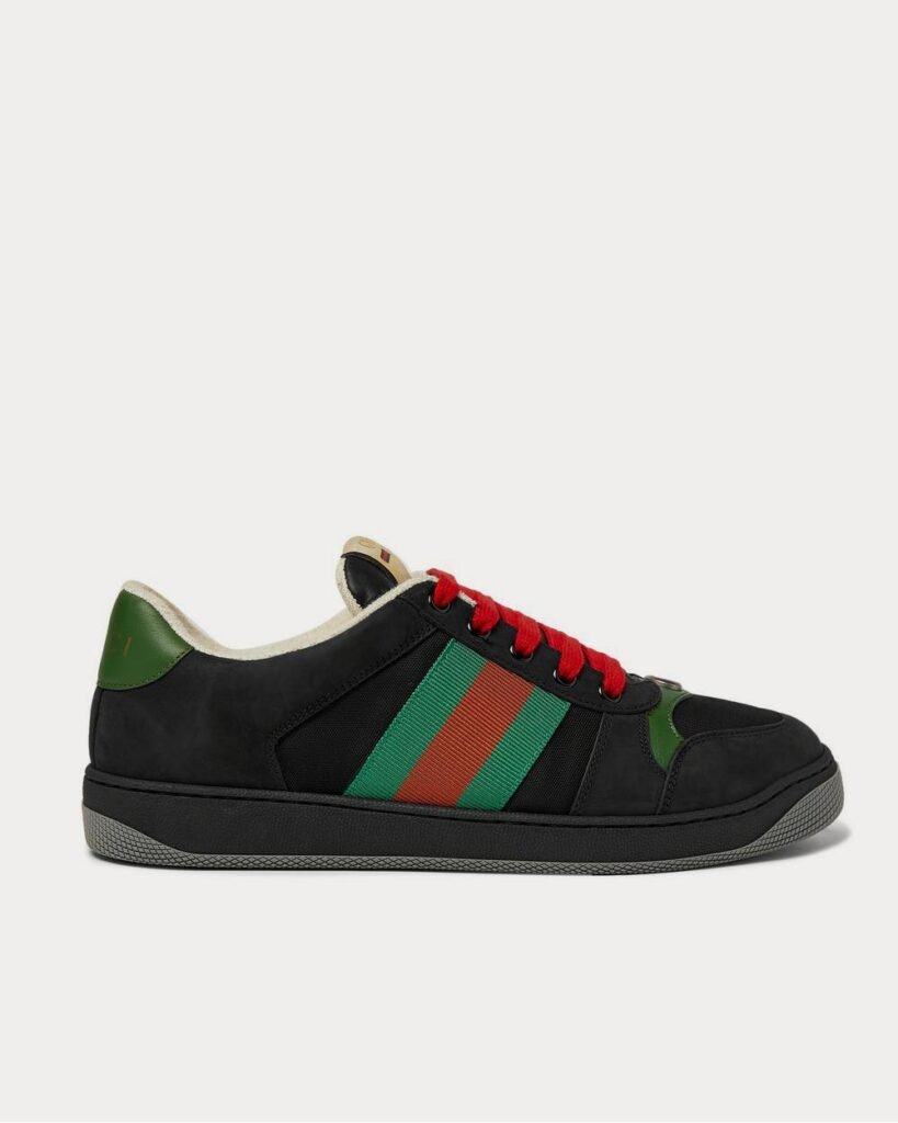 Baskets basses noires Gucci Screener en cuir, daim et toile avec bordures en toile