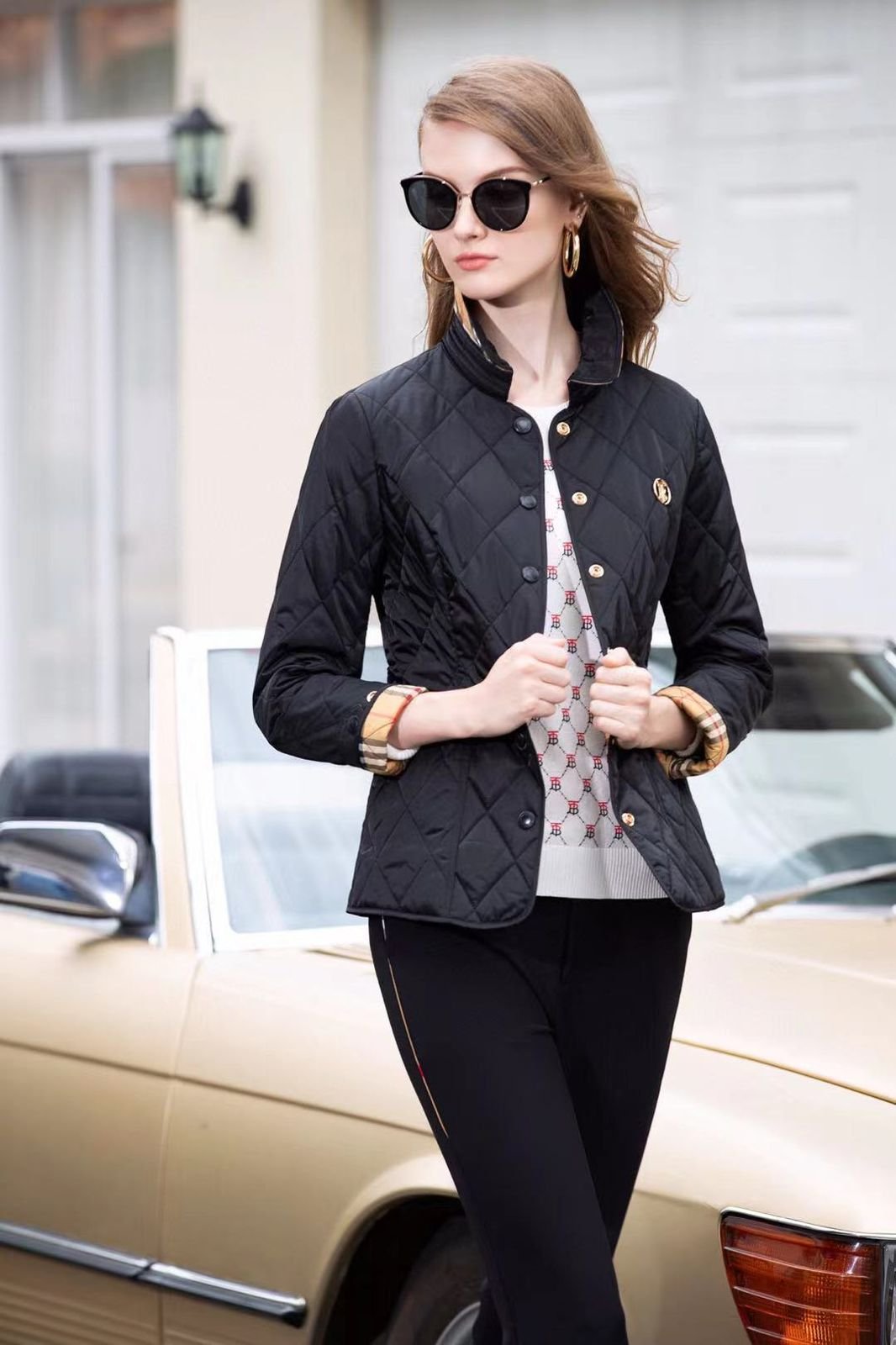 Veste matelassée à boutons-pression et doublure à carreaux pour femme