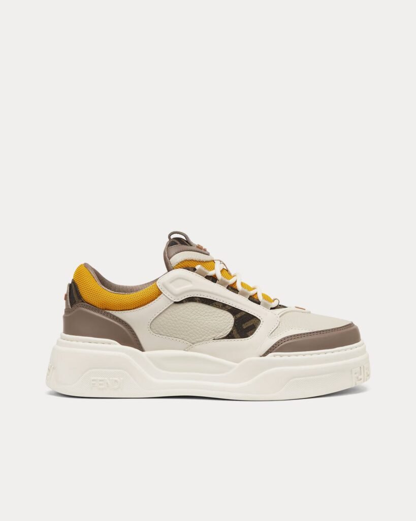 Baskets basses Fendi Force en cuir blanc/marron/jaune