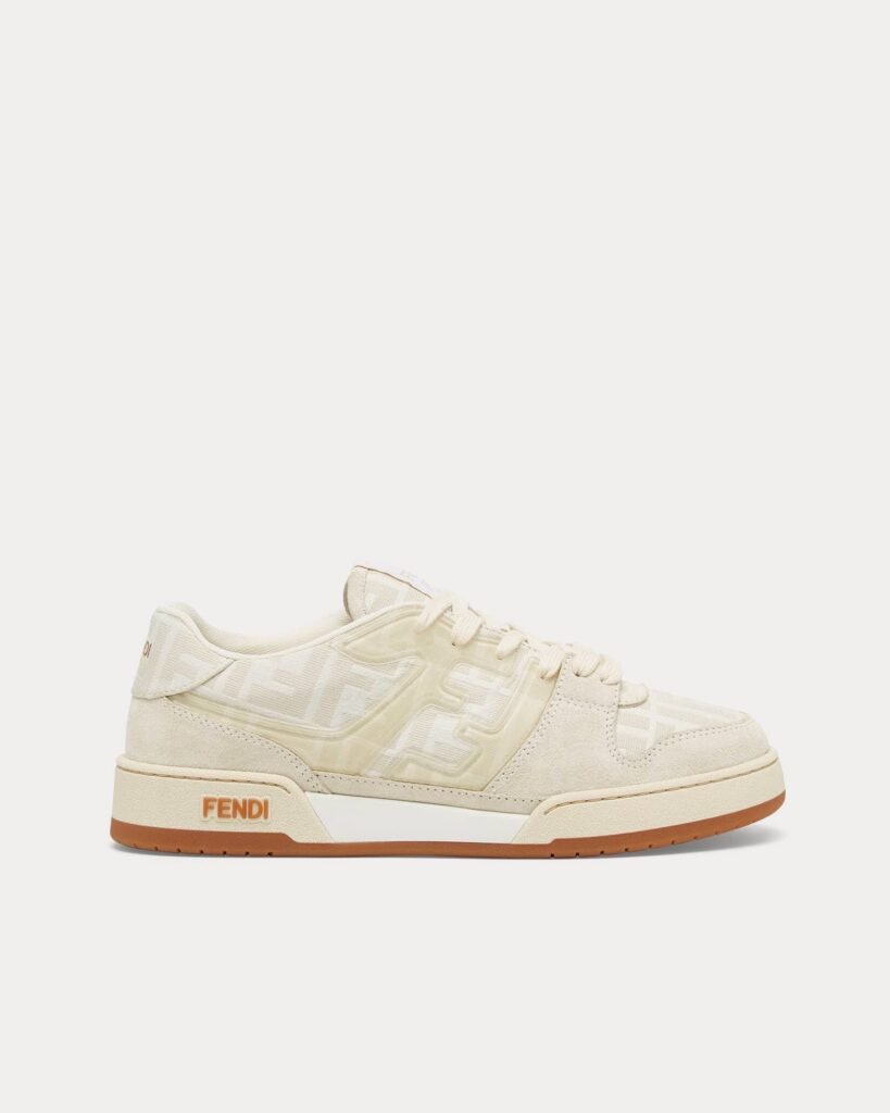 Baskets basses Fendi by Stefano Pilati Match FF en toile et daim gris tourterelle/blanc