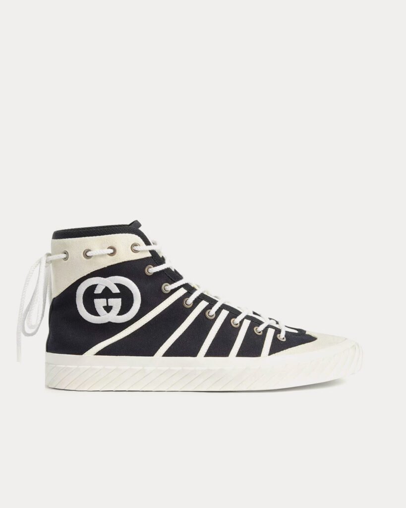 Baskets montantes Gucci en toile noire et blanche avec motif G entrelacés