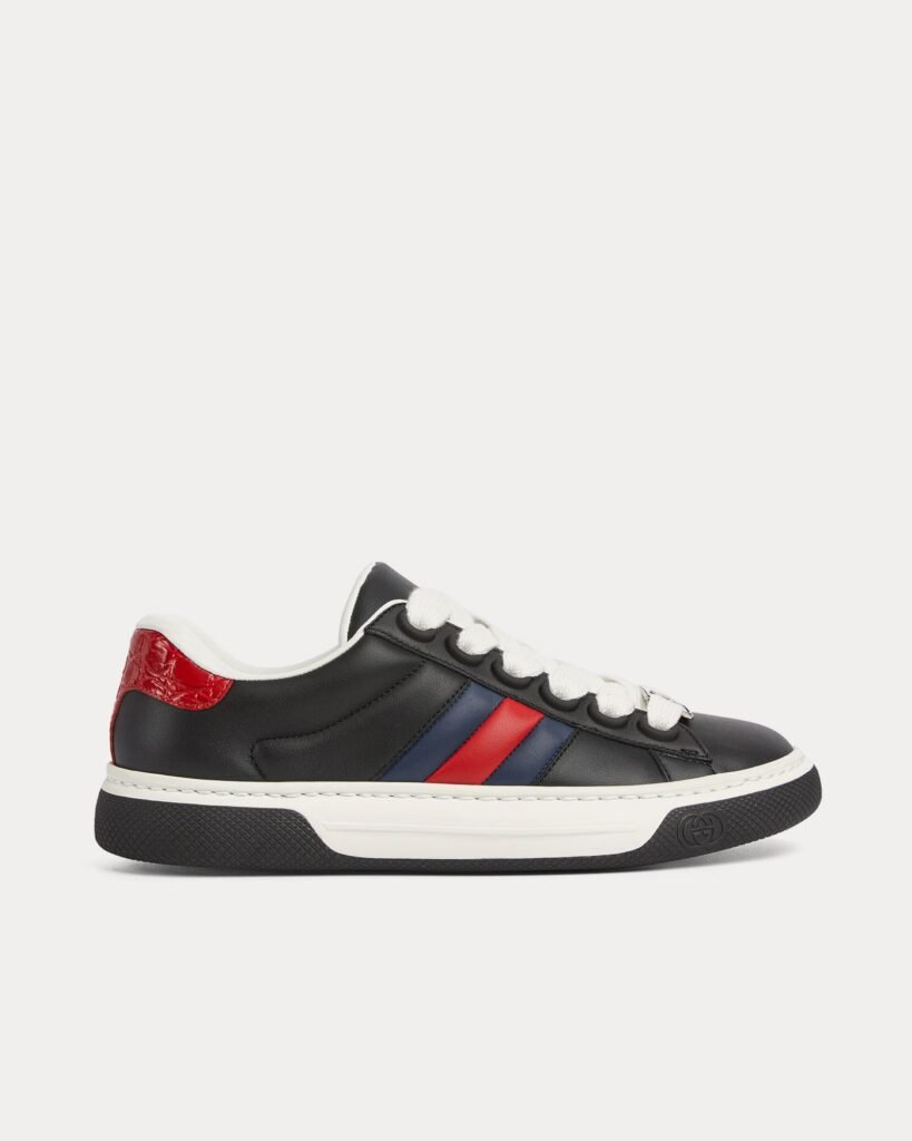 Baskets basses épaisses en cuir noir Gucci Screener avec bande Web