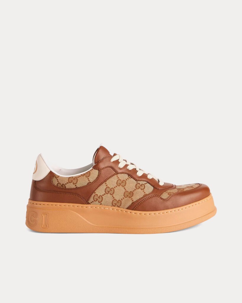 Baskets basses Gucci en toile GG beige et cuir ébène marron