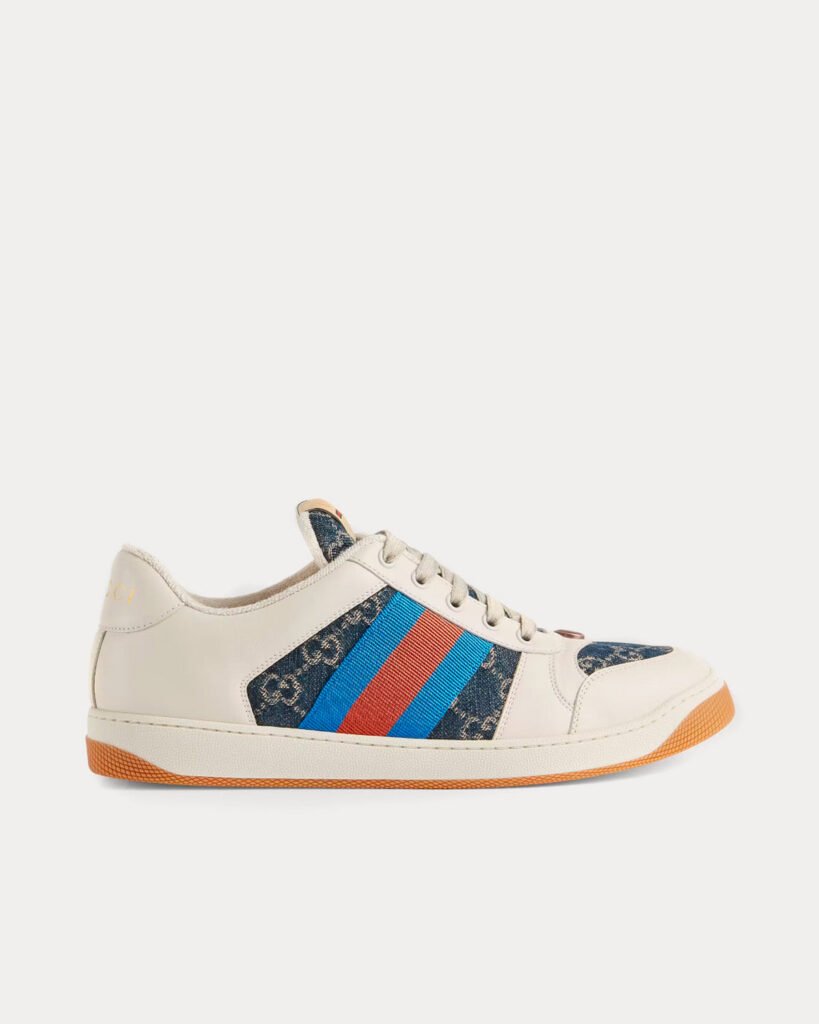 Baskets basses blanches Gucci GG Screener en cuir denim biologique délavé bleu et ivoire