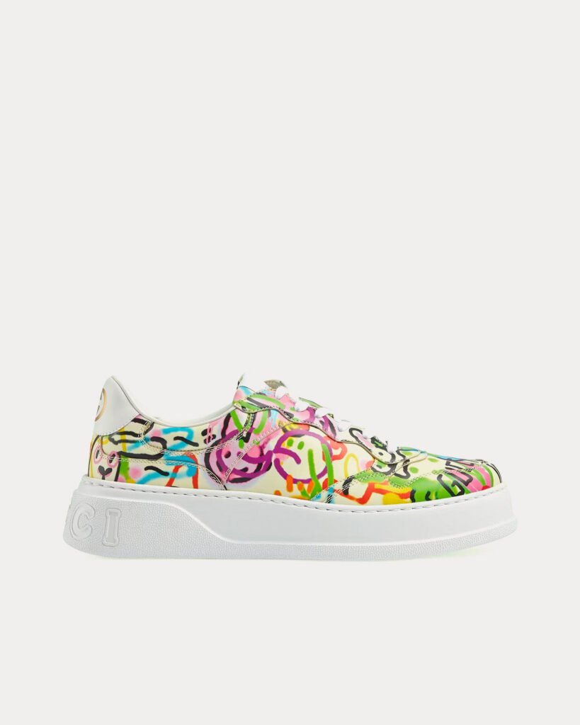 Baskets basses Gucci à plateforme en cuir imprimé graffiti Bunny ivoire/multicolore