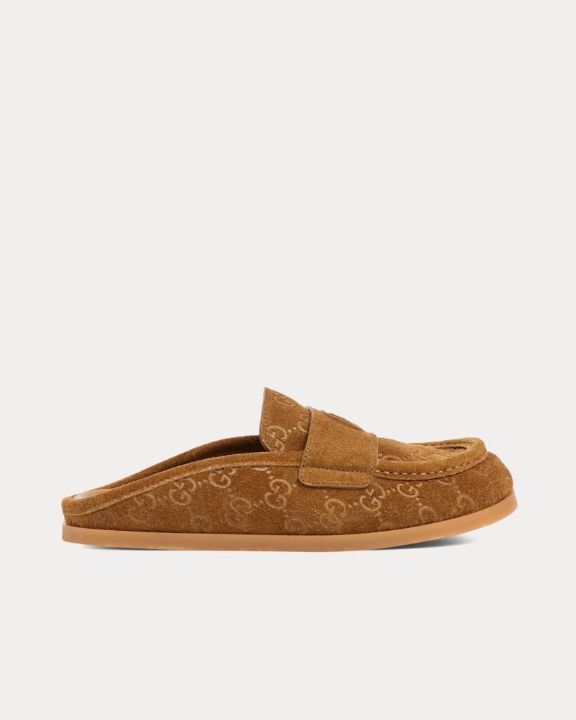 Mules Gucci Double G avec GG en daim marron clair