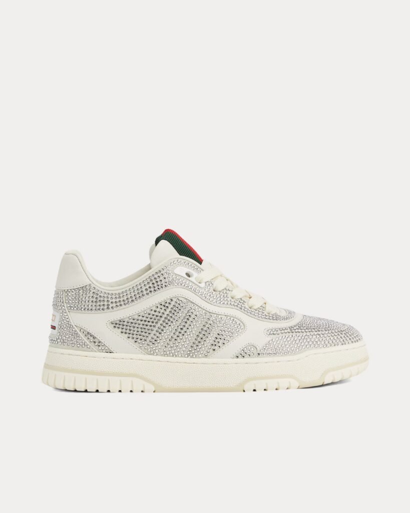 Baskets basses blanches Gucci Re-Web en cuir avec applications de cristaux sur toute la surface