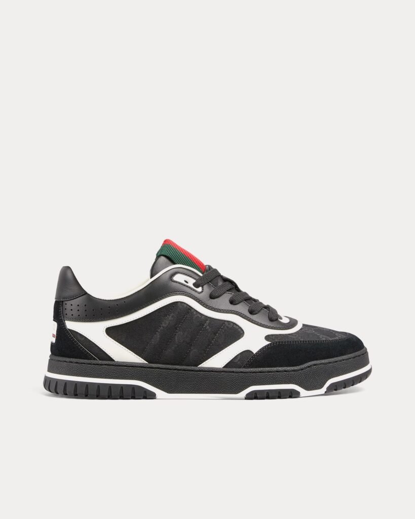 Baskets basses Gucci Re-Web en cuir et toile GG originales noires et blanches