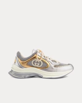 Baskets basses Gucci Run GG en cuir métallisé argent/or