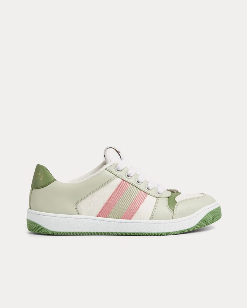 Baskets basses Gucci Screener avec bande Web, toile GG originale et cuir vert
