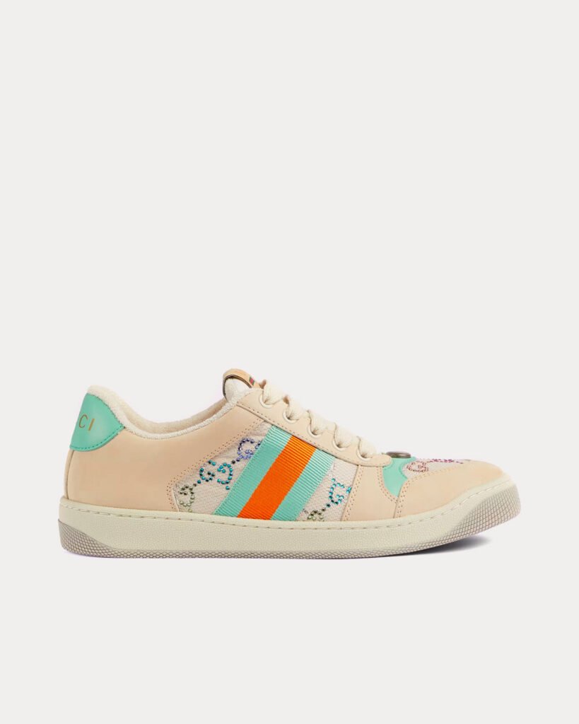 Baskets basses Gucci Screener avec cristaux et logo GG beige/vert/orange