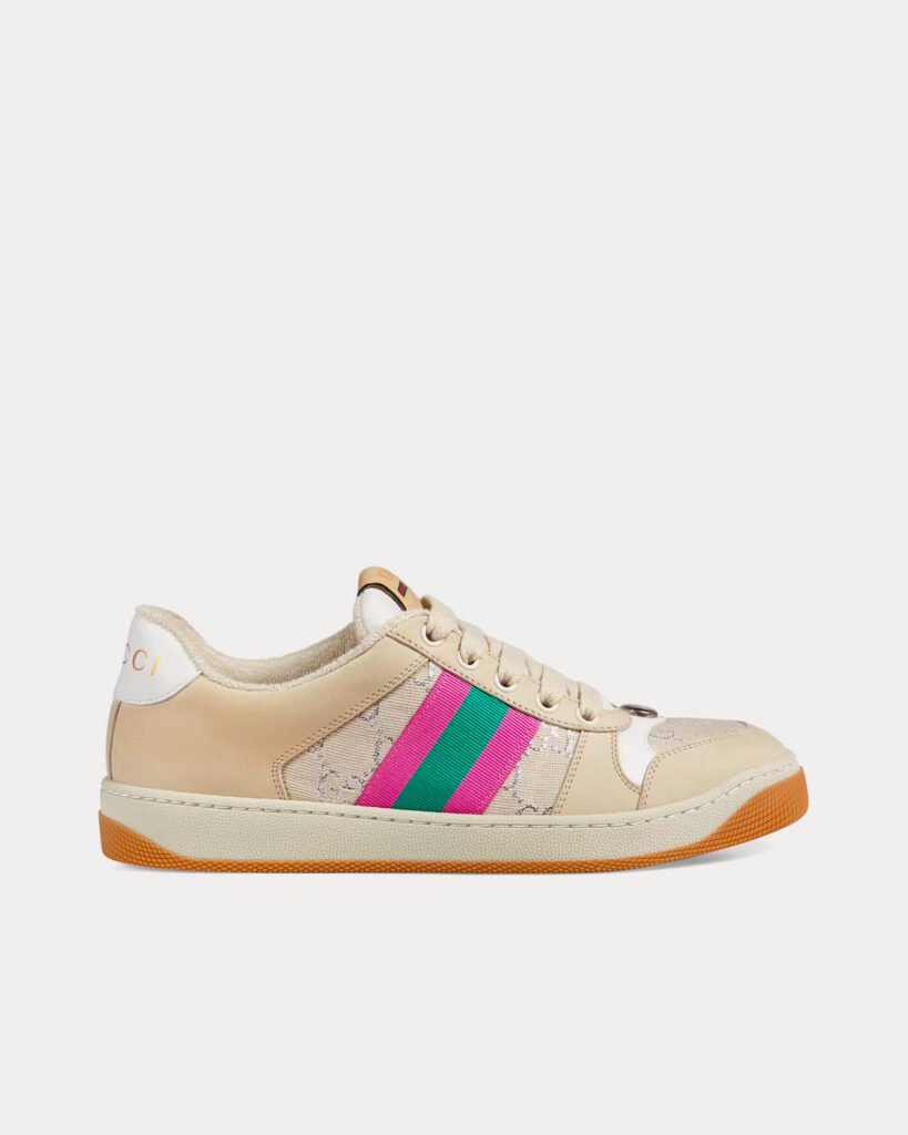 Baskets basses Gucci Screener avec bande Web GG lamé beige/ivoire/rose
