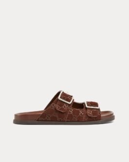 Sandales Gucci à boucle coulissante en daim marron GG