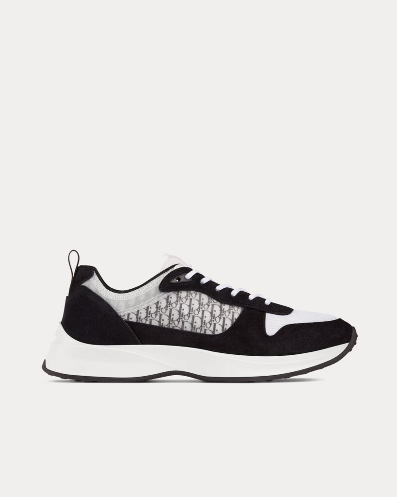 Baskets basses Dior B25 en daim noir avec mesh technique blanc et toile Dior Oblique noire