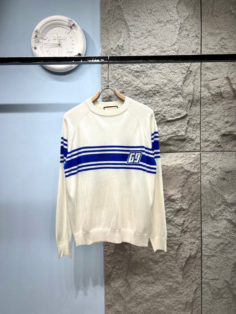 Pull Gucci blanc crème – Sweat en maille bandes bleues logo GG