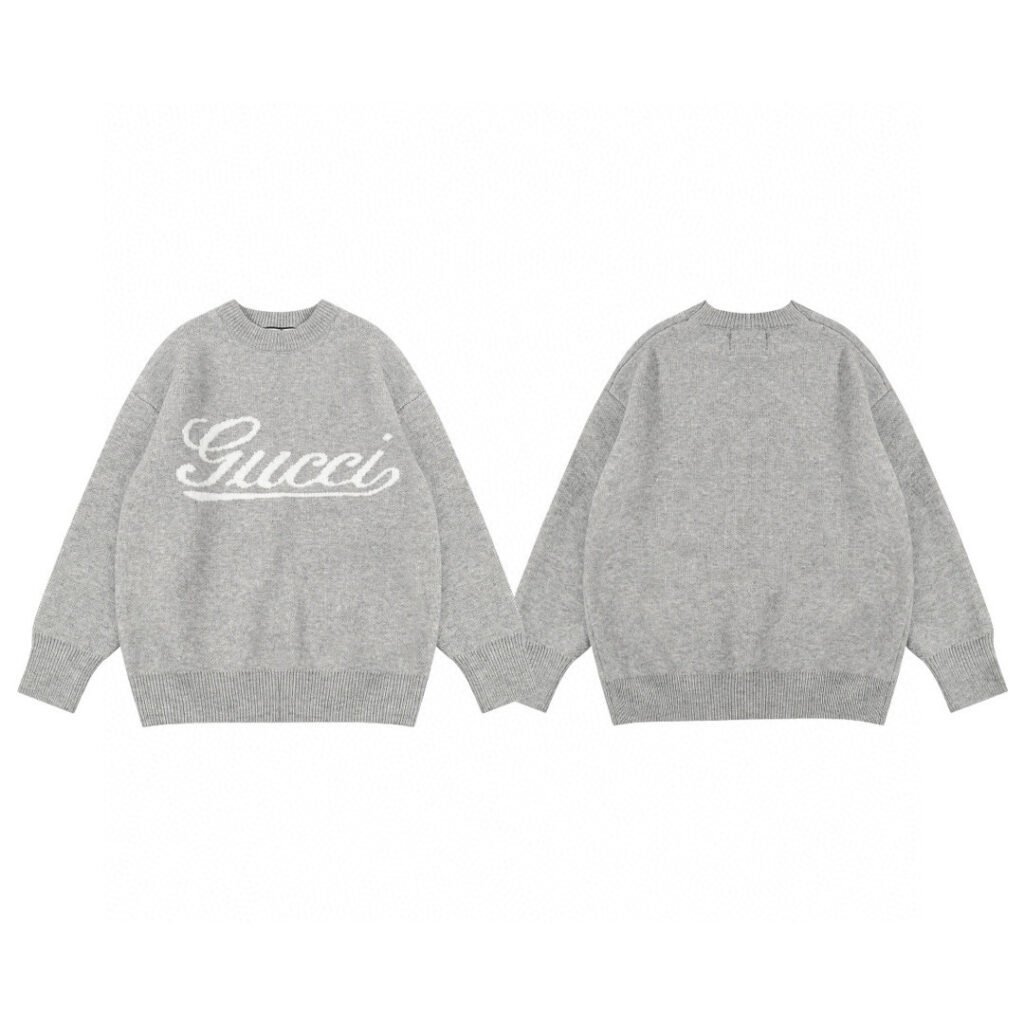 Pull Gucci gris unisexe – Sweat en maille logo brodé col rond