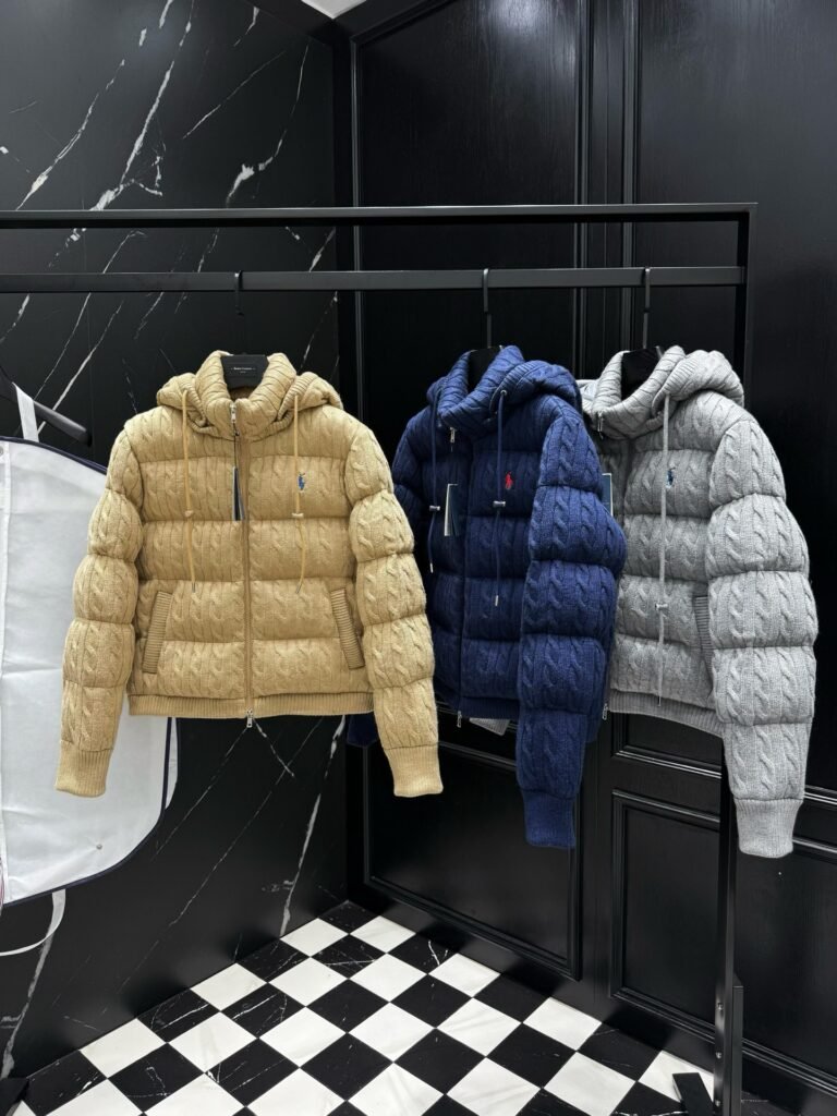 Veste matelassée à capuche en maille torsadée Polo Ralph Lauren Beige Bleu Gris