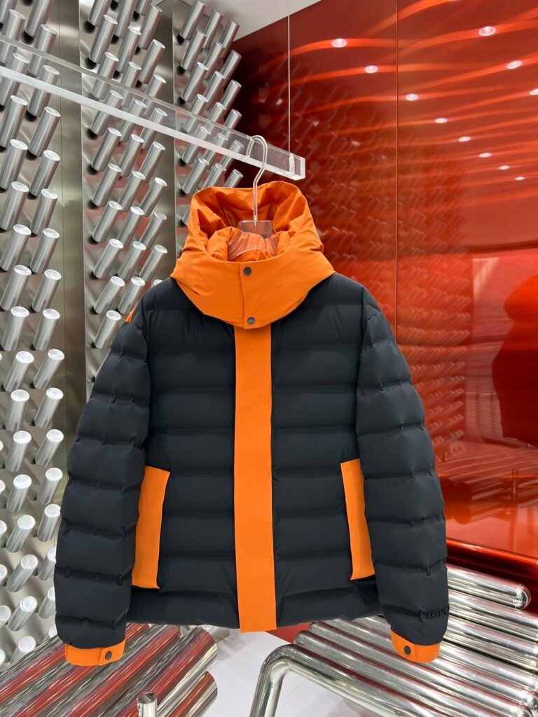 Doudoune Zegna bicolore noir & orange – capuche haute