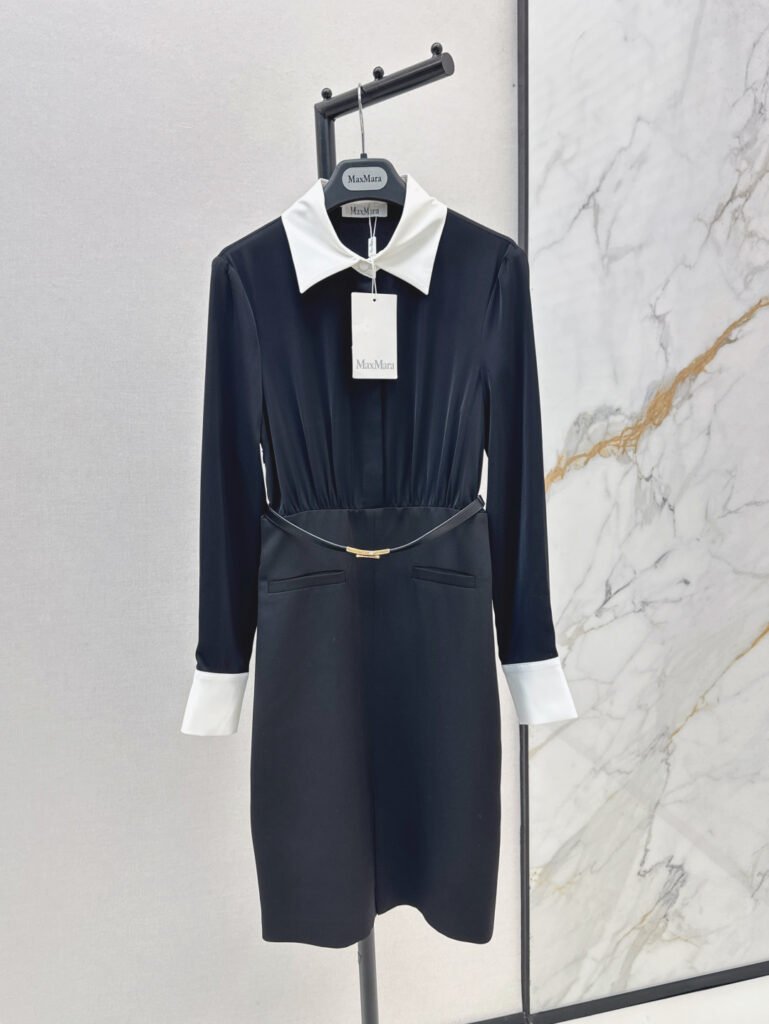 Robe midi noire élégante avec col contrasté et ceinture fine MaxMara