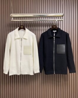 Veste zippée Loewe en maille texturée avec poche cuir signature Noir/Blanc