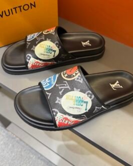 Claquettes Louis Vuitton monogram avec imprimé patchs colorés – semelle confort