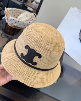 Celine Triomphe Raffia Bucket Hat en raphia – Chapeau luxe été avec logo cuir iconique