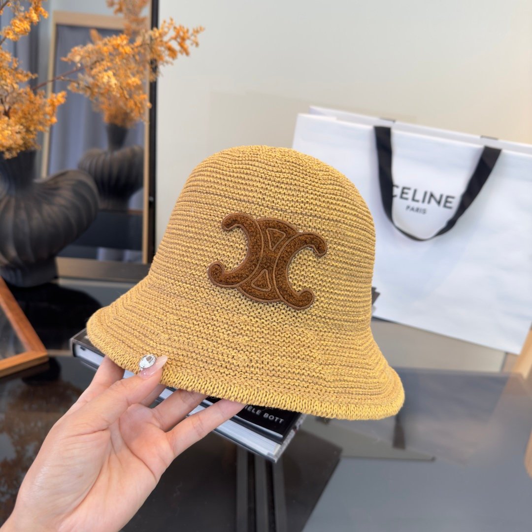 Celine Triomphe Raffia Bucket Hat en raphia beige avec logo Triomphe marron – chapeau luxe été iconique – Image 6