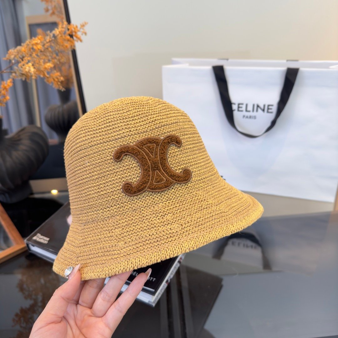 Celine Triomphe Raffia Bucket Hat en raphia beige avec logo Triomphe marron – chapeau luxe été iconique – Image 8