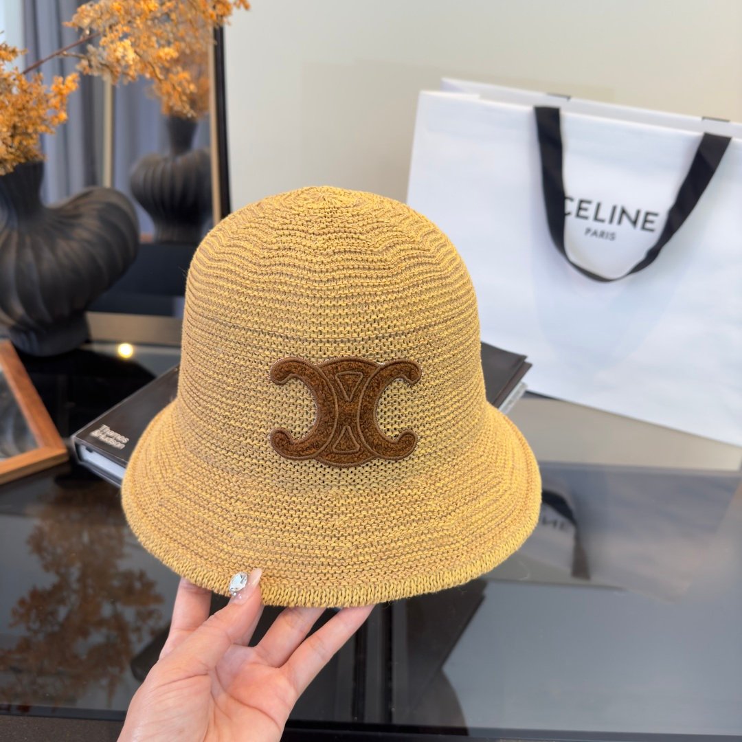 Celine Triomphe Raffia Bucket Hat en raphia beige avec logo Triomphe marron – chapeau luxe été iconique – Image 10
