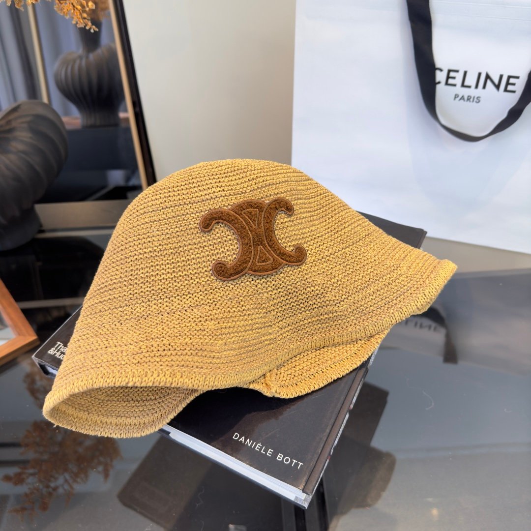 Celine Triomphe Raffia Bucket Hat en raphia beige avec logo Triomphe marron – chapeau luxe été iconique – Image 12