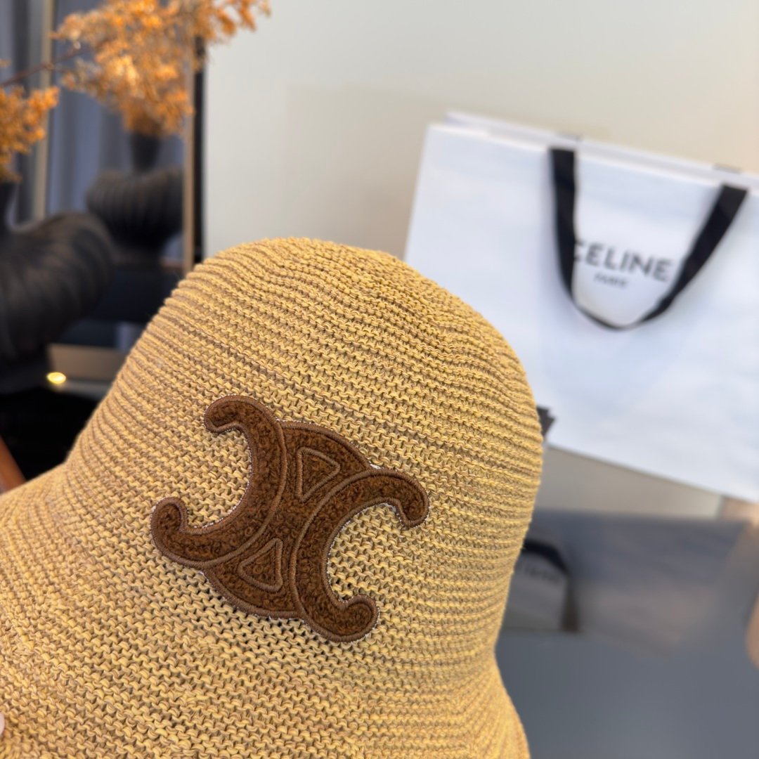 Celine Triomphe Raffia Bucket Hat en raphia beige avec logo Triomphe marron – chapeau luxe été iconique – Image 13