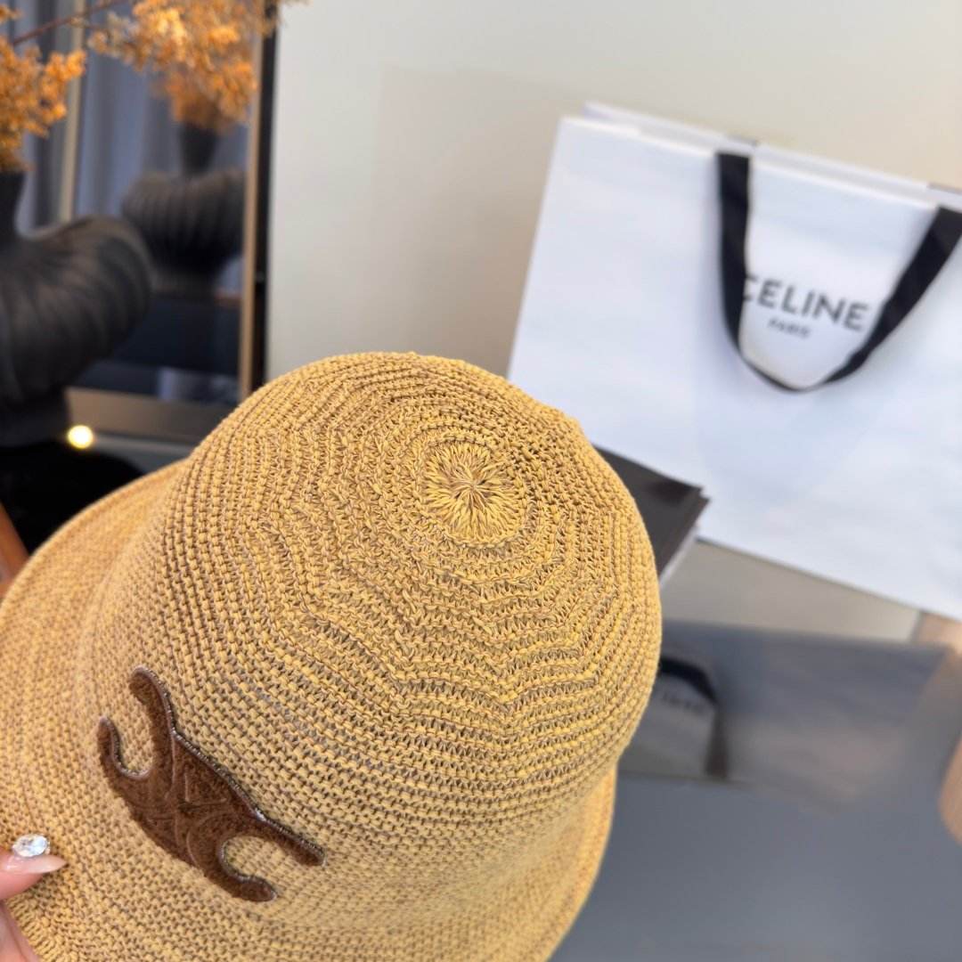 Celine Triomphe Raffia Bucket Hat en raphia beige avec logo Triomphe marron – chapeau luxe été iconique – Image 14