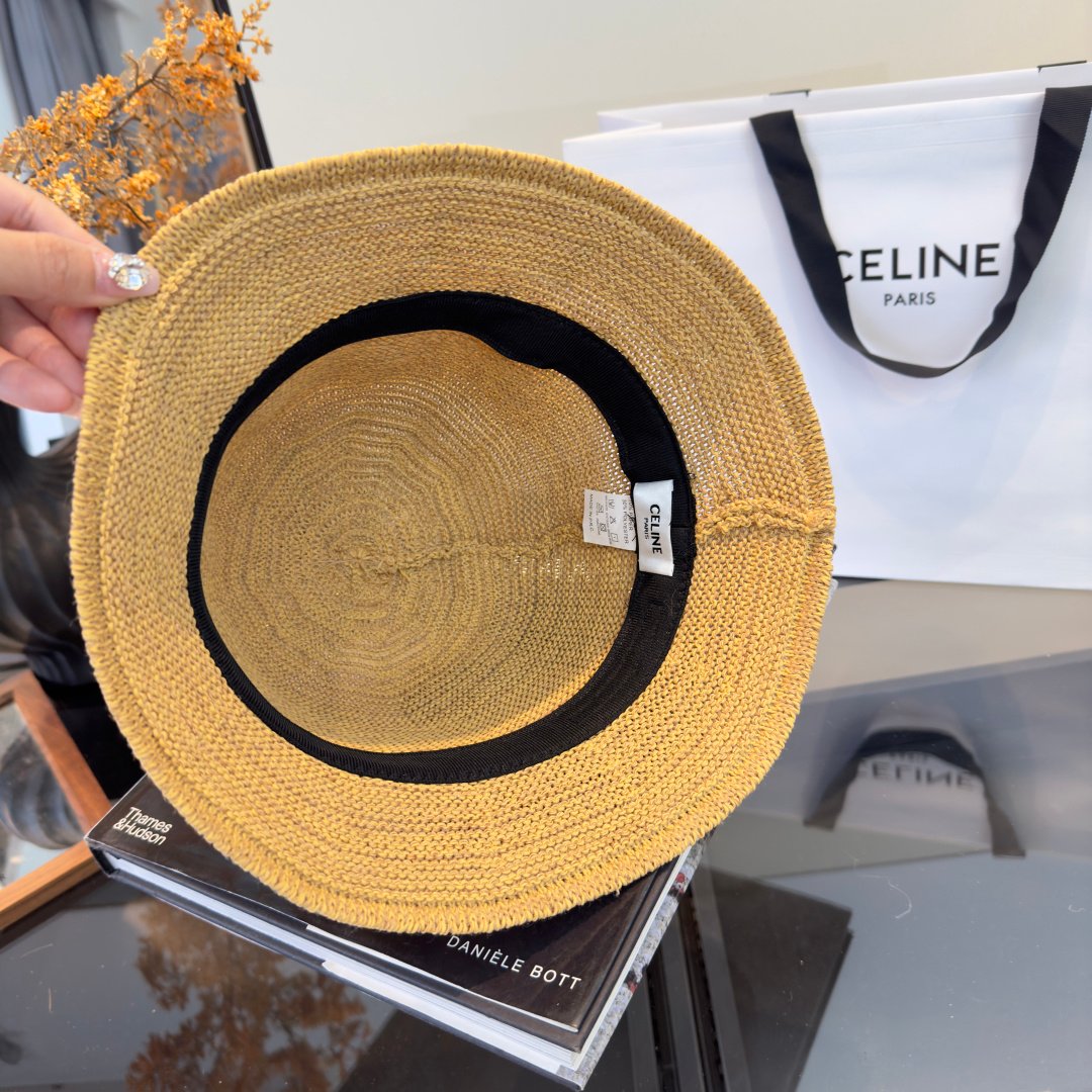 Celine Triomphe Raffia Bucket Hat en raphia beige avec logo Triomphe marron – chapeau luxe été iconique – Image 16