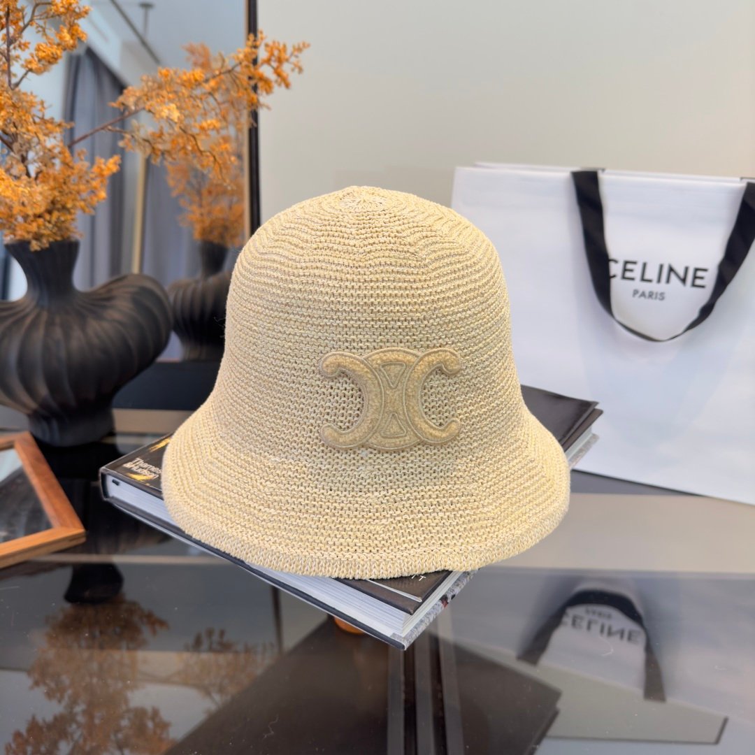 Celine Triomphe Raffia Bucket Hat en raphia beige avec logo Triomphe marron – chapeau luxe été iconique – Image 3
