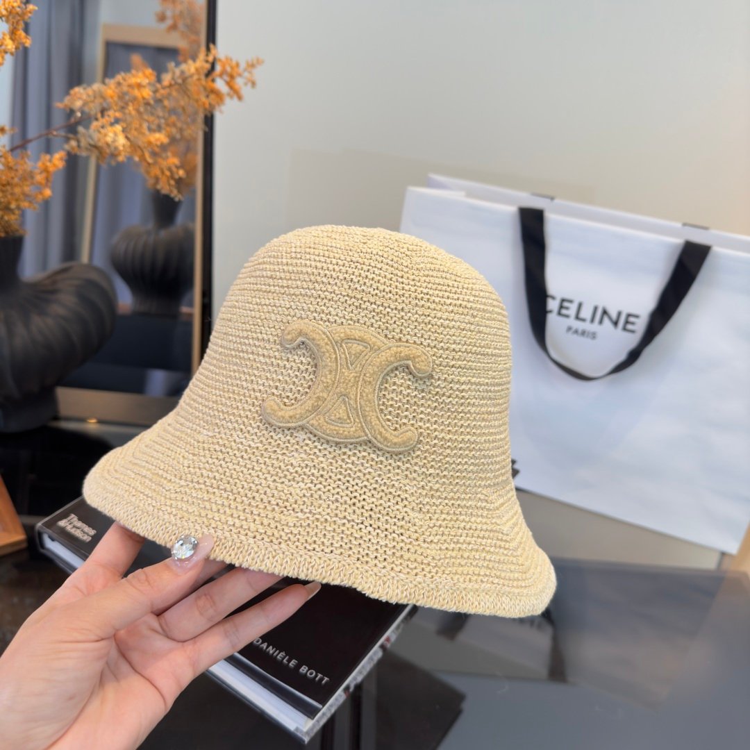 Celine Triomphe Raffia Bucket Hat en raphia beige avec logo Triomphe marron – chapeau luxe été iconique – Image 22