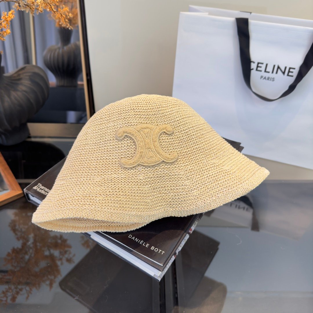 Celine Triomphe Raffia Bucket Hat en raphia beige avec logo Triomphe marron – chapeau luxe été iconique – Image 11