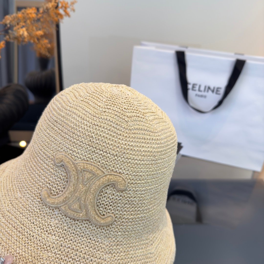 Celine Triomphe Raffia Bucket Hat en raphia beige avec logo Triomphe marron – chapeau luxe été iconique – Image 24