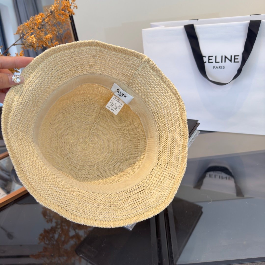 Celine Triomphe Raffia Bucket Hat en raphia beige avec logo Triomphe marron – chapeau luxe été iconique – Image 26