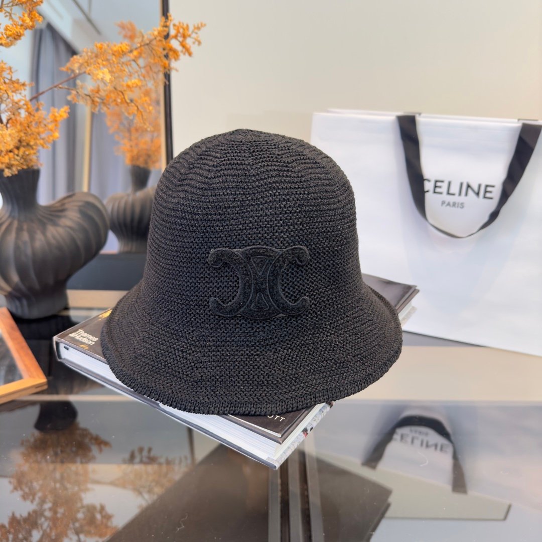 Celine Triomphe Raffia Bucket Hat en raphia beige avec logo Triomphe marron – chapeau luxe été iconique – Image 5