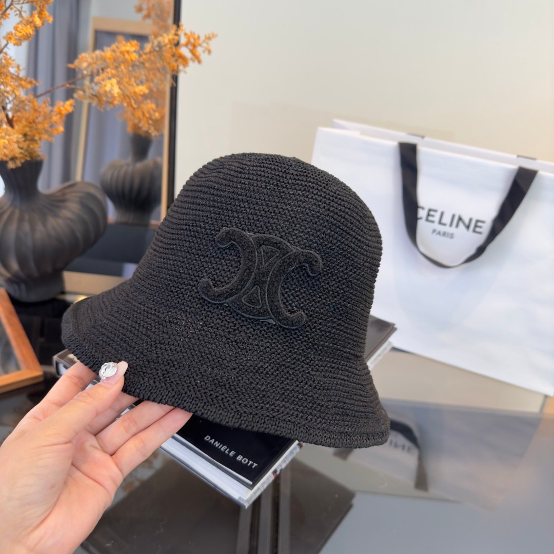 Celine Triomphe Raffia Bucket Hat en raphia beige avec logo Triomphe marron – chapeau luxe été iconique – Image 27