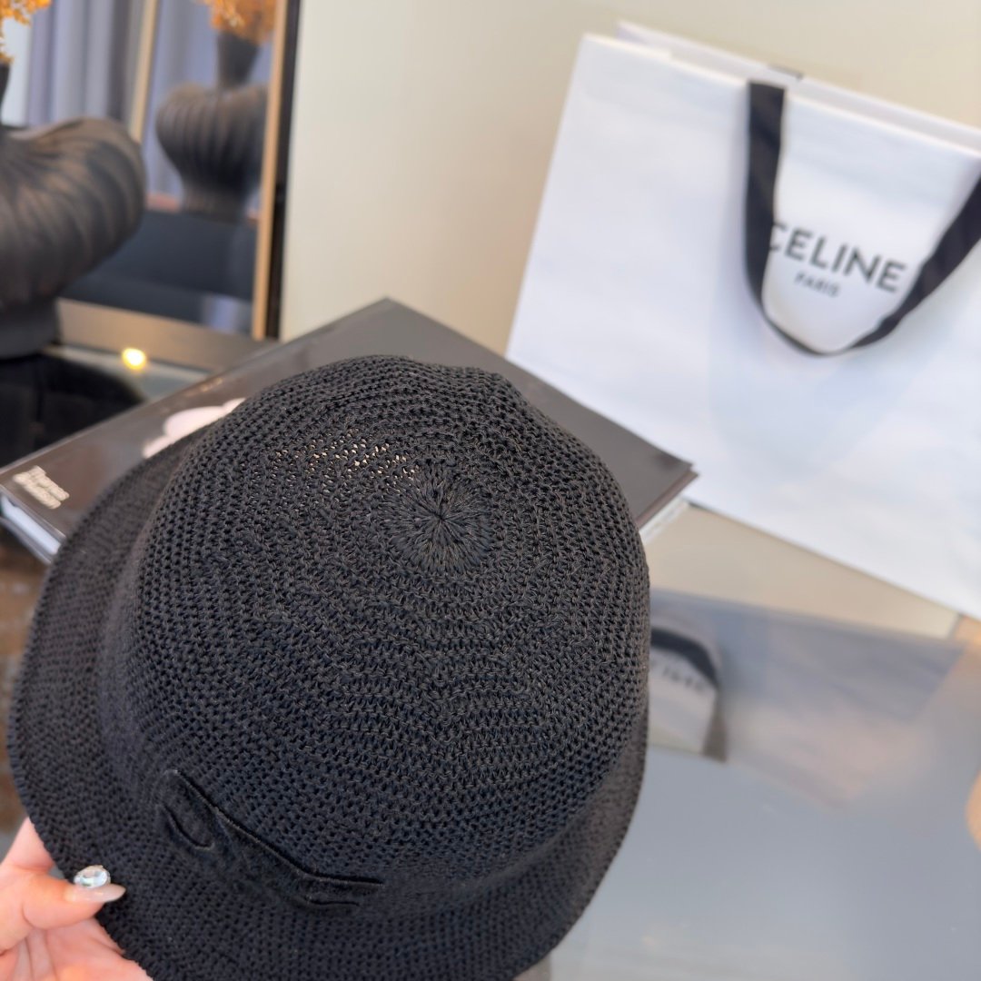 Celine Triomphe Raffia Bucket Hat en raphia beige avec logo Triomphe marron – chapeau luxe été iconique – Image 32