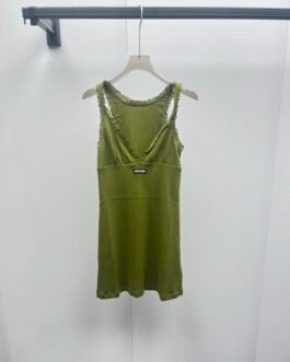 Mini-robe Miu Miu en coton pointelle vert olive avec dentelle